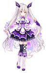  aria_(omega_quintet) asymmetrical_legwear bare_shoulders black_legwear boots elbow_gloves flower fukahire_(ruinon) full_body gloves hair_ornament long_hair midriff omega_quintet pleated_skirt red_eyes ribbon silver_hair skirt solo standing transparent_background twintails wide_sleeves 