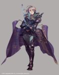  1boy armored_boots asymmetrical_dual_wielding boots character_request closed_mouth copyright_notice crossed_arms dual_wielding full_body gauntlets green_pants green_shirt grey_eyes grey_hair highres holding holding_weapon holy_dungeon looking_at_viewer male_focus official_art pants shirt so-taro solo standing weapon 