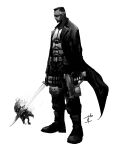  absurdres black_coat blade_(marvel) blade_(series) boots coat dhampir flattop glasses gun highres holding holding_gun holding_sword holding_weapon katana knee_armor manabu_yashiro marvel monochrome short_hair simple_background sword trench_coat vampire weapon white_background 