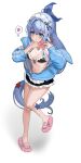  1girl absurdres anchor_(innocent_maid)_(nikke) anchor_(nikke) apron bikini bikini_top_only black_bikini black_skirt blue_eyes blue_hair blue_jacket breasts commentary goddess_of_victory:_nikke highres holding jacket legs long_hair maid maid_apron maid_bikini maid_headdress navel official_alternate_costume open_clothes open_jacket ponytail sagle sandals skirt small_breasts solo spoken_star star_(symbol) starfish stomach swimsuit toes unconventional_maid white_background 