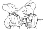 2023 anthro blood bodily_fluids buckteeth clothed clothing coat digital_drawing_(artwork) digital_media_(artwork) drawpile_(artwork) duo eyebrows facial_scar fencing fight fur greyscale holding_melee_weapon holding_object holding_sword holding_weapon horrified male mammal melee_weapon monochrome mouse murid murine narrowed_eyes open_mouth rodent scar sketch snout stab stab_wound sweat sword teeth topwear us_cannonfodder violence weapon wide_eyed wounded