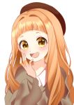 1girl absurdres blush commentary highres ichihara_nina idolmaster idolmaster_cinderella_girls long_hair long_sleeves looking_at_viewer open_mouth orange_hair shirt simple_background smile solo upper_body watatai white_background yellow_eyes 