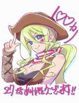  1girl american_flag_bandana arm_warmers bandana bandana_around_neck bare_shoulders blue_eyes breasts brown_hat commentary cowboy_hat cropped_torso facial_mark green_hair hair_between_eyes hat heart heart_facial_mark highres index_finger_raised kimi_no_koto_ga_dai_dai_dai_dai_daisuki_na_100-nin_no_kanojo large_breasts long_hair long_hair_between_eyes looking_at_viewer mark_under_eye simple_background smile solo translated upper_body white_background yamato_nadeshiko_(hyakkano) yano_akane 
