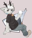 2_horns 5_fingers :3 anthro antlers bell bell_collar belly black_clothing black_collar black_nose black_shirt black_topwear bottomwear brown_clothing brown_footwear brown_shoes cel_shading character_request claws closed_smile clothing collar curled_hair deadwife deer denim denim_bottomwear denim_clothing digital_media_(artwork) eyebrows eyelashes femboy finger_claws fingers footwear full-length_portrait fur grey_background grey_bottomwear grey_clothing grey_eyes grey_jeans grey_pants hair hair_over_eye hat headgear headwear holding_snowball horn jeans jingle_bell jingle_bell_collar looking_at_viewer male mammal mouth_closed pants portrait pupils shaded shirt shoes side_view simple_background sitting slightly_chubby smile snout snow snowball snowman solo top_hat topwear white_body white_fur white_hair winter