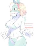 2025 5_fingers absurd_res accessory anthro arms_bent big_breasts bikini biped blonde_eyebrows blonde_eyelashes blonde_hair bodily_fluids breasts cleavage clothed clothing colored colored_sketch countershade_arms countershade_breasts countershade_neck countershading dialogue digital_media_(artwork) exclamation_point eyebrows eyelashes female fingers glistening glistening_eyes hair hair_accessory hairband hi_res ippan_josei japanese_text looking_forward mammal mocaht8 motion_lines multicolored_body multicolored_skin my_hero_academia navel open_mouth pink_mouth portrait pupils quirked_human_(my_hero_academia) red_hairband shaded side-tie_bikini simple_background sketch small_waist snout solo standing string_bikini sweat sweatdrop sweaty_body swimwear teal_bikini teal_body teal_clothing teal_ears teal_skin teal_swimwear text text_box thick_thighs three-quarter_portrait three-quarter_view two-piece_swimsuit two_tone_body two_tone_skin white_background white_body white_sclera white_skin wide_hips