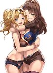  :d arms_around_neck arms_around_waist bangs beatrix_(granblue_fantasy) bikini black_shorts blonde_hair blue_eyes blush braid breasts brown_hair brown_shorts cowboy_shot crop_top eredhen granblue_fantasy green_eyes grin hair_intakes hair_ornament hairband highres large_breasts long_hair looking_at_viewer midriff multiple_girls navel one_eye_closed open_fly open_mouth own_hands_together ponytail short_shorts short_sleeves shorts simple_background sleeveless smile stomach swimsuit twintails white_background zeta_(granblue_fantasy) 