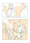  3girls 4boys child comic cyborg extra genji_(overwatch) highres humanoid_robot japanese_clothes juggling looking_at_another monochrome multiple_boys multiple_girls omnic overwatch silent_comic zenyatta_(overwatch) 