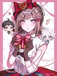  1girl 2boys ahoge alternate_costume black_gloves blue_eyes blush bow box brown_hair center_frills chibi danganronpa_(series) danganronpa_2:_goodbye_despair flower frills fuku_sa gift gift_box gloves green_eyes hair_bow highres hinata_hajime holding holding_flower komaeda_nagito looking_at_viewer multiple_boys nanami_chiaki pink_eyes red_bow red_flower red_rose red_skirt rose shirt short_hair skirt sleeveless sleeveless_shirt twitter_username valentine white_hair white_shirt 