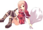  1girl 2000s_(style) bad_id belt belt_buckle black_choker black_ribbon black_thighhighs boots bottle breasts brown_belt brown_boots buckle capelet choker christmas closed_mouth dress drink flower glass_bottle hair_flower hair_ornament holding holding_bottle holding_drink holding_sack kisaki_yuu leg_ribbon long_hair lucy_maria_misora medium_breasts panties pantyshot pink_eyes pink_hair pom_pom_(clothes) red_capelet red_dress ribbon sack santa_costume santa_dress short_dress simple_background sitting smile soda soda_bottle solo swept_bangs thigh_ribbon thighhighs to_heart_(series) to_heart_2 underwear white_background white_flower white_panties 