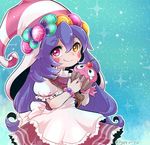  alternate_costume bittersweet_lulu blush bracelet candy cherry closed_mouth cupcake curly_hair dress eyebrows eyebrows_visible_through_hair food fruit hair_between_eyes hat heterochromia holding holding_food jewelry league_of_legends long_hair lulu_(league_of_legends) md5_mismatch otani_(kota12ro08) pink_eyes puffy_short_sleeves puffy_sleeves purple_hair short_sleeves smile solo twitter_username upper_body witch_hat yellow_eyes yordle 