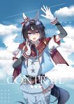  1girl blue_eyes blush breasts character_name cloud commentary_request contrail_(racehorse) detached_sleeves gloves goggles goggles_on_head hair_between_eyes hair_ornament highres horse_girl looking_at_viewer medium_hair original pants personification sb_(akagikeai) scarf sky solo 