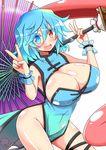  adapted_costume bare_arms blue_dress blush breasts china_dress chinese_clothes cleavage cleavage_cutout commentary_request dress highres huge_breasts karakasa_obake leg_ribbon looking_at_viewer no_panties open_mouth pose ribbon rindou_(p41neko) side_slit smile solo tatara_kogasa thighs touhou umbrella v white_background wrist_cuffs 