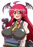  :d ahoge between_breasts book book_stack breast_rest breasts commentary_request demon_girl demon_tail demon_wings fang head_wings heart highres holding holding_book koakuma large_breasts long_hair looking_at_viewer necktie necktie_between_breasts open_mouth pointy_ears red_eyes red_hair rindou_(p41neko) smile solo succubus symbol-shaped_pupils tail textless touhou very_long_hair white_background wings 