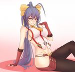  antenna_hair backless_outfit bad_id bad_pixiv_id bangs blazblue blazblue:_central_fiction blazblue_variable_heart blue_hair bluefield blush bow breasts covered_nipples fingerless_gloves genderswap genderswap_(mtf) gloves groin hair_between_eyes hair_bow highres large_breasts long_hair looking_at_viewer lowleg lowleg_pants mai_natsume navel no_bra no_panties pants ponytail purple_eyes red_eyes revealing_clothes ribbon sideboob sidelocks sitting smile solo very_long_hair yellow_bow 