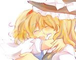  alice_margatroid arms_around_neck blonde_hair braid capelet closed_eyes good_end hair_between_eyes hairband happy hat hug kirisame_marisa long_hair multiple_girls ochazuke open_mouth puffy_short_sleeves puffy_sleeves shirt short_sleeves side_braid smile touhou wavy_hair white_background white_shirt witch_hat 