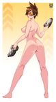  areolae artist_name ass breasts brown_hair earrings feet from_behind goggles gradient_background gun kyoffie lips looking_at_viewer looking_back nipples nude overwatch shiny_skin short_hair side_boob solo spiked_hair tracer_(overwatch) weapon 
