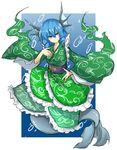  blue_background blue_eyes blue_hair bubble drill_hair fingernails frills full_body head_fins head_wings highres japanese_clothes kan_(aaaaari35) kimono looking_at_viewer mermaid monster_girl outside_border sharp_fingernails smile solo touhou wakasagihime wide_sleeves 