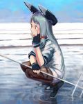  bangs beach blue_hair blue_sky blunt_bangs commentary_request day dress fingerless_gloves from_side fujibejifu gloves hair_ribbon hand_on_own_cheek headgear highres kantai_collection long_hair murakumo_(kantai_collection) ocean outdoors pantyhose red_eyes ribbon ripples sailor_dress shoal shoes sidelocks sky solo squatting waves 