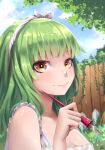  1girl absurdres bare_shoulders blush bow breasts brown_eyes camisole choppy_bangs cleavage closed_mouth cloud cloudy_sky collarbone commission commissioner_upload day fence green_hair happy headband highres holding holding_pen jk_arts long_hair looking_at_viewer monogatari_(series) nademonogatari non-web_source outdoors pen plant sengoku_nadeko signature sky smile solo tree upper_body vines white_camisole white_headband 