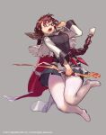  1girl black_shirt black_skirt boots braid brown_hair character_request copyright_notice green_eyes grey_background highres holding holding_staff holy_dungeon lipstick long_hair long_sleeves looking_at_viewer makeup official_art open_mouth pantyhose pleated_skirt shirt skirt so-taro solo staff white_boots white_pantyhose white_shirt 