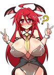  ? ahoge alternate_costume bangs bare_shoulders bat_wings blush breasts commentary_request cowboy_shot demon_wings double_v head_wings huge_breasts koakuma leotard looking_at_viewer necktie playboy_bunny_leotard red_eyes red_hair rindou_(p41neko) smile solo swept_bangs tailcoat touhou v wings wrist_cuffs yellow_neckwear 