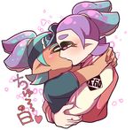  &lt;3 2016 ???? blush cephalopod dark_skin domino_mask duo eyes_closed hug humanoid inkling kiss kissing male male/male marine mask multiple_boys nintendo pink_eyes pointy_ears ponytail splatoon squid tentacle tentacle_hair tentacles video_games yaoi 