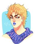  artist_name birthmark blonde_hair blue_lipstick dio_brando face heart jojo_no_kimyou_na_bouken lipstick makeup male_focus neck niitsumee red_eyes scarf signature solo 