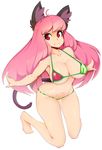  absurdres ahoge animal_ear_fluff animal_ears bad_source bikini blush breasts collarbone food_print full_body highres large_breasts long_hair micro_bikini navel outstretched_arms pink_hair red_eyes simple_background slugbox smile solo swimsuit tail watermelon_print 