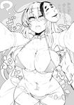  ? alternate_costume armband armpits bare_shoulders blush bra bra_pull breasts choker cleavage commentary_request covered_nipples cowboy_shot dancer face_mask foreshortening greyscale halter_top halterneck hata_no_kokoro highres large_breasts long_hair looking_at_viewer mask monochrome navel navel_piercing open_mouth out_of_frame piercing pov pov_hands roki_(hirokix) sarong solo_focus sweat thighhighs touhou translation_request underwear 