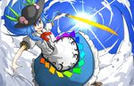  :d blue_hair blue_sky cloud day food frills fruit hat highres hinanawi_tenshi kan_(aaaaari35) long_hair open_mouth peach red_eyes sky smile solo sword_of_hisou touhou v-shaped_eyebrows 