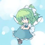  216 :d ascot blue_background blue_dress blush bow chibi daiyousei dress eyebrows eyebrows_visible_through_hair fairy_wings frilled_dress frills full_body green_eyes green_hair hair_bow light_particles looking_at_viewer open_mouth shoes short_hair side_ponytail simple_background smile solo touhou wings 