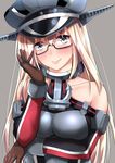  absurdres anchor_hair_ornament bare_shoulders bespectacled bismarck_(kantai_collection) blonde_hair breast_hold breastplate breasts brown_gloves detached_sleeves elbow_on_arm elbow_rest glasses gloves go-1 green_eyes hair_ornament hat highres iron_cross kantai_collection large_breasts long_hair military military_hat military_uniform peaked_cap solo uniform 