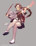  1girl black_shirt black_skirt blue_eyes boots brown_hair character_request copyright_notice full_body glasses grey_background highres holding holding_staff holy_dungeon looking_ahead official_art open_mouth pleated_skirt shirt skirt so-taro solo staff thigh_boots white_boots white_shirt 