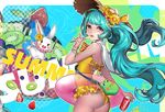  aqua_hair ass blueberry bracelet bunny coca-cola flower food fruit green_eyes hat hatsune_miku innertube jewelry kiwifruit long_hair looking_back one-piece_swimsuit pocky popsicle rixingyisha solo straw_hat strawberry sun_hat swimsuit twintails very_long_hair vocaloid 