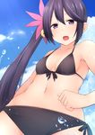  absurdres akebono_(kantai_collection) akky_(akimi1127) bell bikini breasts cloud day flower hair_bell hair_flower hair_ornament highres jingle_bell kantai_collection long_hair ocean open_mouth purple_eyes purple_hair side_ponytail sky small_breasts solo swimsuit very_long_hair water 