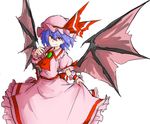  ascot bat_wings blue_hair bow fang hat hat_bow highres kan_(aaaaari35) mob_cap red_eyes remilia_scarlet solo touhou white_background wings 