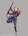  1boy black_gloves bodysuit boots brown_eyes brown_hair center_opening character_request copyright_notice full_body gloves grey_background hair_tubes highres holding holding_sword holding_weapon holy_dungeon male_focus official_art open_mouth purple_bodysuit sheath simple_background so-taro sword weapon 