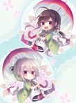  ahoge amane_kurumi animal_hood black_hair boots chibi flower frog_hood honebami_toushirou hood male_focus multiple_boys namazuo_toushirou open_mouth ponytail purple_eyes raincoat smile teruterubouzu touken_ranbu umbrella white_hair 