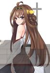  ahoge antennae armpits black_legwear blush brown_hair commentary_request frilled_skirt frills grey_eyes kantai_collection kongou_(kantai_collection) long_hair looking_at_viewer looking_back skirt smile solo thighhighs utakata_(kochou_no_yume) very_long_hair zettai_ryouiki 