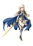  absurdres armor barefoot black_hairband black_panties cape female_my_unit_(fire_emblem_if) fire_emblem fire_emblem_if full_body hairband highres holding holding_sword holding_weapon long_hair mamkute my_unit_(fire_emblem_if) panties red_eyes silver_hair simple_background solo sword underwear weapon white_background zero-theme 