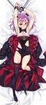  armpits arms_up bdsm black_legwear blush bondage bound chain chained coat commentary_request cuffs dakimakura fate/grand_order fate_(series) flat_chest full_body funded handcuffs helena_blavatsky_(fate/grand_order) highres leotard looking_at_viewer loose_thighhigh matsuryuu purple_eyes purple_hair ribbon shackles solo strapless strapless_leotard sweat tears thighhigh_dangle thighhighs torn_clothes torn_leotard tree_of_life 