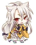  :d ahoge animal_ears armor bishounen black_gloves chibi commentary_request fang flower_knot fox_boy fox_ears fox_shadow_puppet full_body gloves gold_trim hakama japanese_armor japanese_clothes kogitsunemaru long_hair looking_at_viewer low-tied_long_hair male_focus open_mouth partly_fingerless_gloves pom_pom_(clothes) red_eyes shoulder_armor simple_background smile sode solo suzushirokei tassel thick_eyebrows touken_ranbu v-shaped_eyebrows white_background white_hair 