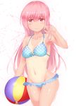  ball beachball bikini blue_bikini breasts collarbone cowboy_shot dark_skin frilled_bikini frills hand_in_hair hata_no_kokoro long_hair looking_at_viewer lowleg lowleg_bikini medium_breasts navel one-piece_tan pink_eyes pink_hair polka_dot polka_dot_bikini smile solo swimsuit tan tanline touhou very_long_hair yonaga_(masa07240) 