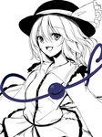  black_hat closed_eyes hat hat_ribbon heart komeiji_koishi limited_palette lineart looking_at_viewer open_mouth ribbon short_hair sketch skirt smile solo third_eye touhou utakata_(kochou_no_yume) wind 