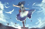  balancing bird blue_hair bow cloud cross-laced_footwear day food fruit full_body hat highres hinanawi_tenshi keystone leaf long_hair mifuru open_mouth outstretched_arms peach puffy_short_sleeves puffy_sleeves rainbow_order red_eyes short_sleeves sky solo spread_arms standing standing_on_one_leg touhou very_long_hair 