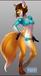  anthro canine clothed clothing female fox gizmo0sue hi_res looking_at_viewer mammal navel simple_background solo teasing tight_clothing tongue tongue_out 