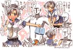  1boy 1girl @_@ admiral_(kantai_collection) antenna_hair belt bent_over blue_skirt blush brown_eyes brown_hair censored character_name collarbone flying_sweatdrops hand_on_own_cheek heart holding kantai_collection kinugasa_(kantai_collection) long_sleeves motion_lines navel neckerchief novelty_censor number outstretched_arms pleated_skirt school_uniform serafuku shirt short_hair short_sleeves skirt speech_bubble stomach surprised suzuki_toto sweatdrop talking text_focus thigh_grab thighhighs topless translated twitter_username white_shirt zettai_ryouiki 