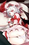  alternate_costume ass bat_wings bed black_legwear blue_hair bow commentary_request frilled_legwear frilled_skirt frills hat hat_ribbon looking_at_viewer lying open_mouth panties pantyshot pillow puffy_sleeves red_bow red_eyes remilia_scarlet ribbon skirt smile solo thighhighs thighs touhou underwear upskirt utakata_(kochou_no_yume) white_panties wings wrist_cuffs 