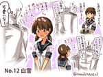  1boy 1girl admiral_(kantai_collection) bangs blue_ribbon blush blush_stickers brown_eyes brown_hair character_name cup epaulettes eyebrows eyebrows_visible_through_hair flying_sweatdrops holding holding_tray kantai_collection long_sleeves looking_at_another low_twintails number open_mouth ribbon school_uniform serafuku shirayuki_(kantai_collection) short_hair short_sleeves short_twintails speech_bubble suzuki_toto sweatdrop talking thought_bubble translation_request tray twintails twitter_username 