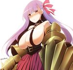  bare_shoulders blush breasts claws commentary_request fate/extra fate/extra_ccc fate_(series) hair_ribbon huge_breasts kurikara long_hair looking_at_viewer passion_lip purple_hair red_eyes revealing_clothes ribbon solo twitter_username upper_body white_background 